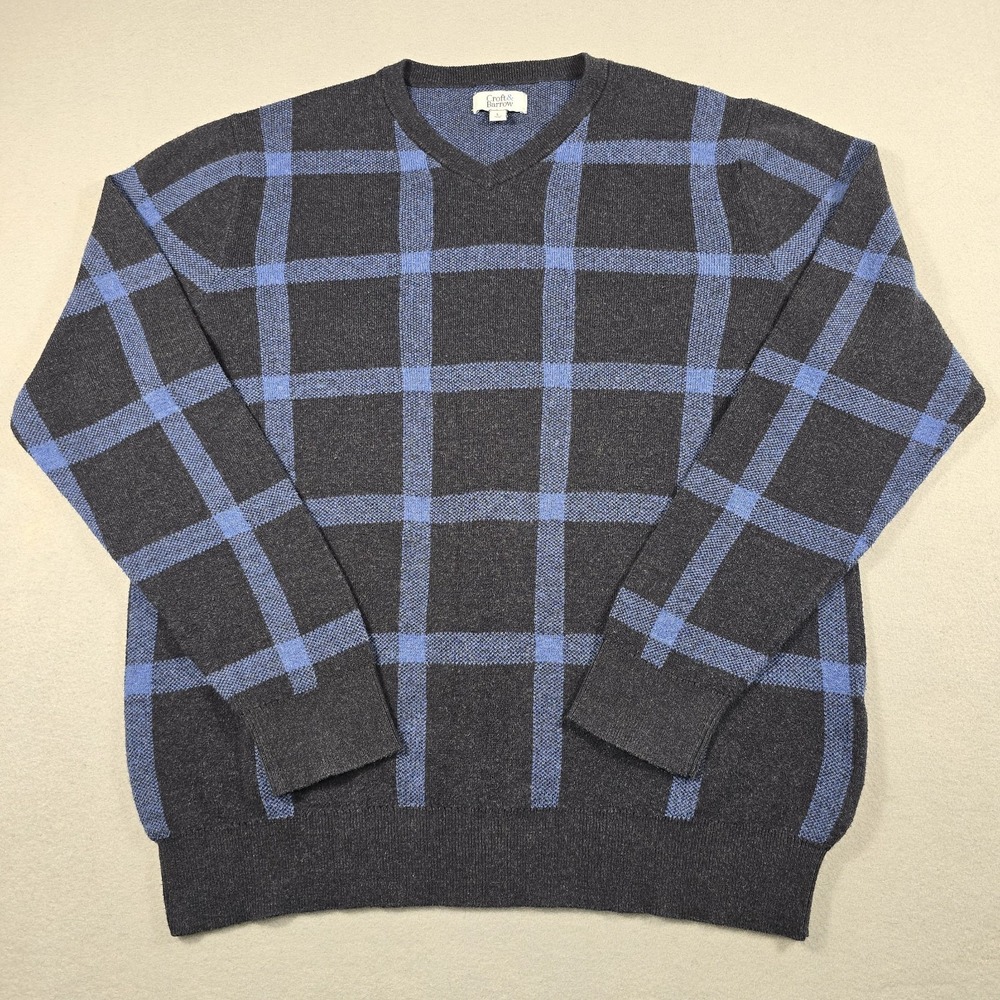 Croft & Barrow Mens L Blue Sweater V-Neck Windowpane Plaid Cotton Blend Knit